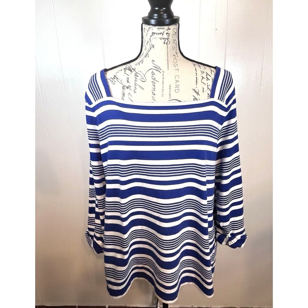 Talbots Women's Plus Sz 2X Navy & White Stripes 100% Cotton 3/4 Sleeve Nautical